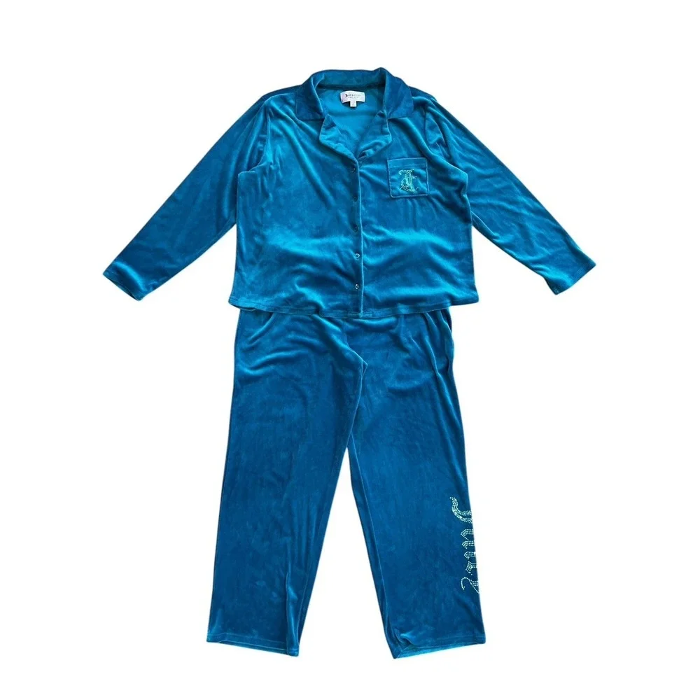Juicy Couture Teal Velour Pajama Set Rhinestone Logo Sleepwear‎ 8329-47 Womens L